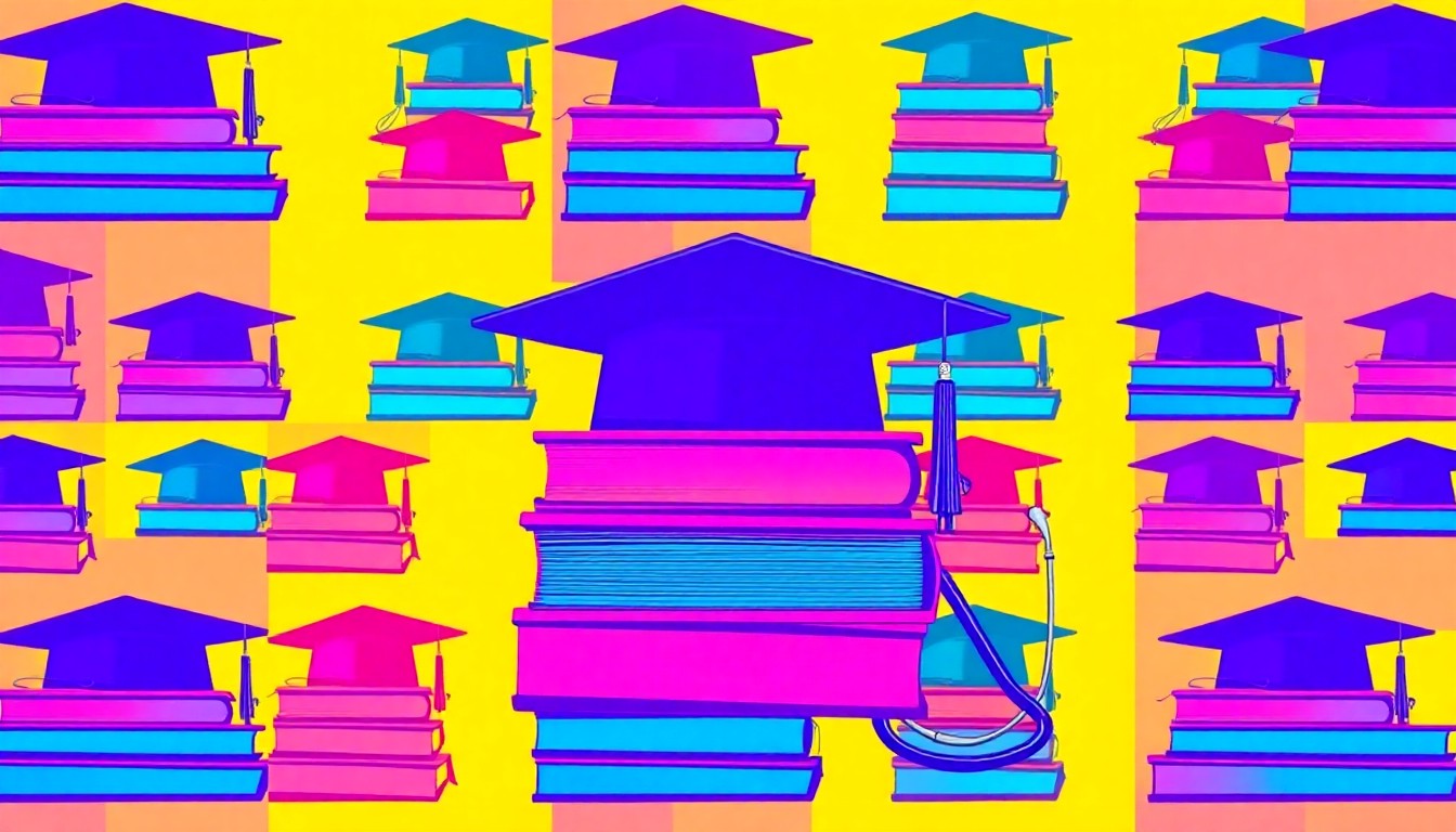 A brightly colored, high-contrast silkscreen print of academic and medical objects repeated in a tight grid pattern, conceptually representing the degree shortages discussed in the report.