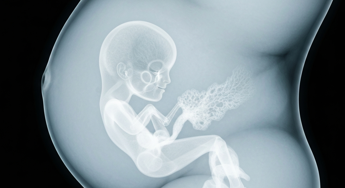 A ghostly, translucent X-ray-style image revealing the internal structures of a pregnant woman's abdomen, including the faint outline of a developing fetus and the intricate placenta, conceptually representing the complex medical issues surrounding Lyme disease in pregnancy.