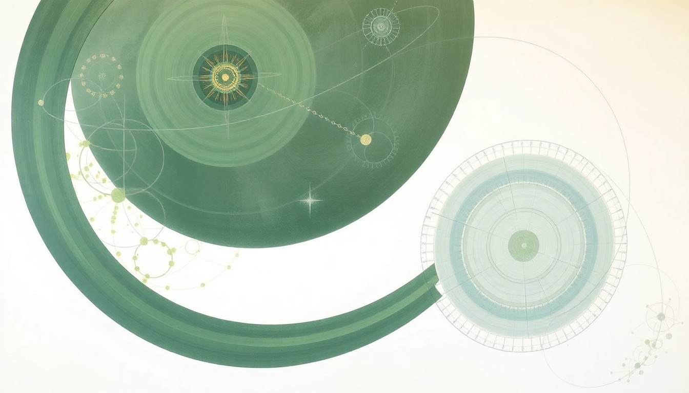 A highly structured abstract painting in muted tones of green, blue, and gray, featuring sweeping geometric arcs, concentric circles, and precise spirals, conceptually representing the interconnected forces and patterns underlying advanced AI and data analysis.