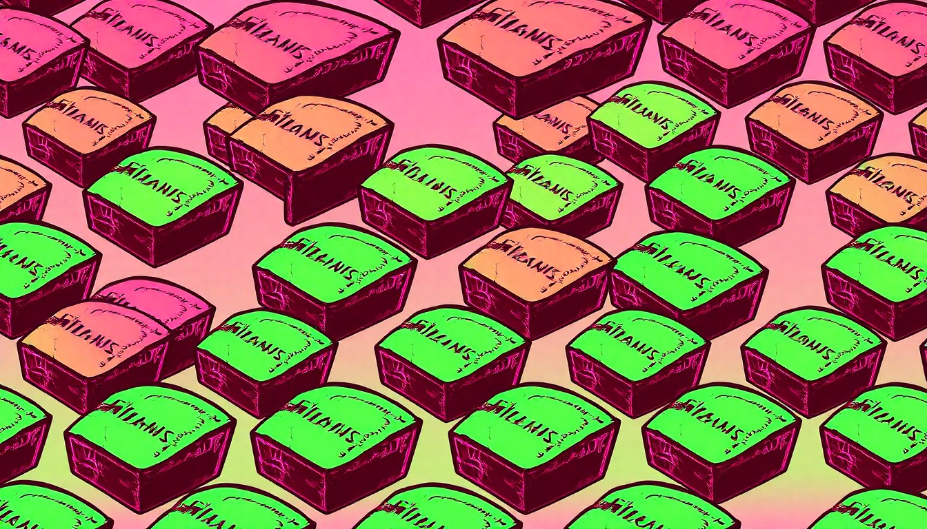 A brightly colored, high-contrast silkscreen print of a single, iconic loaf of homemade banana walnut bread repeated in a tight grid pattern, capturing the vibrant energy and artisanal spirit of a family-run baking business.