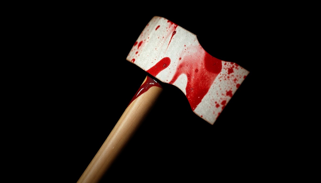 An extreme close-up photograph of a bloodied hammer or other blunt object, lit by a harsh camera flash against a dark background, conveying the stark, gritty nature of a violent crime investigation.