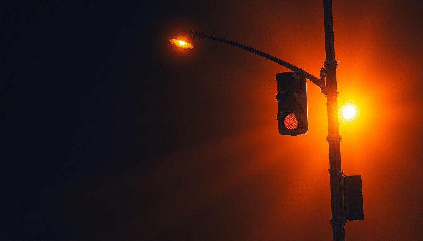 A serene, cinematic painting of a single city street lamp or traffic signal standing tall against a backdrop of warm, golden sunlight and deep shadows, conveying a sense of civic pride and community resilience in the face of challenges.