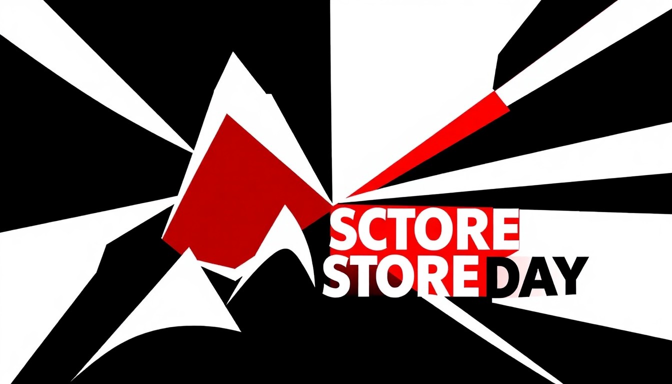 A dynamic, abstract composition of bold black shapes and bright red accents, conveying the vibrant energy and anticipation surrounding Record Store Day in Annapolis.