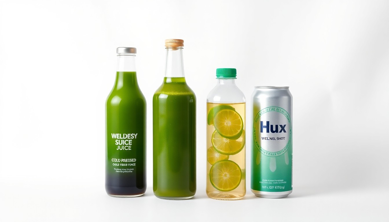 A high-end, photorealistic studio still-life photograph featuring premium glass, metal, and aluminum containers for cold-pressed juice, wellness shots, and natural soda, arranged elegantly on a clean white background to conceptually represent the growth of Suja Life's health and wellness beverage business.
