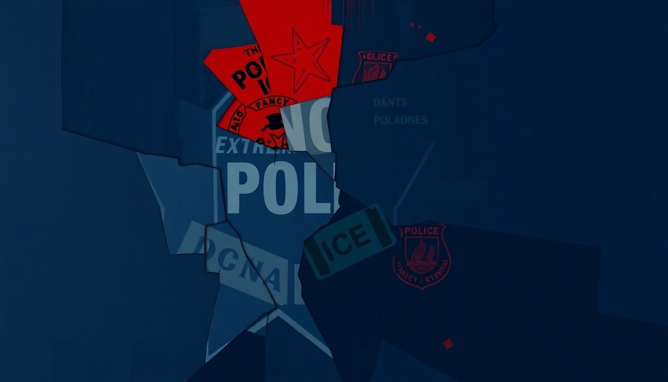 A fragmented, abstract painting of a police badge or shield in dark blue, gray, and red tones, representing the concept of extremism within law enforcement.