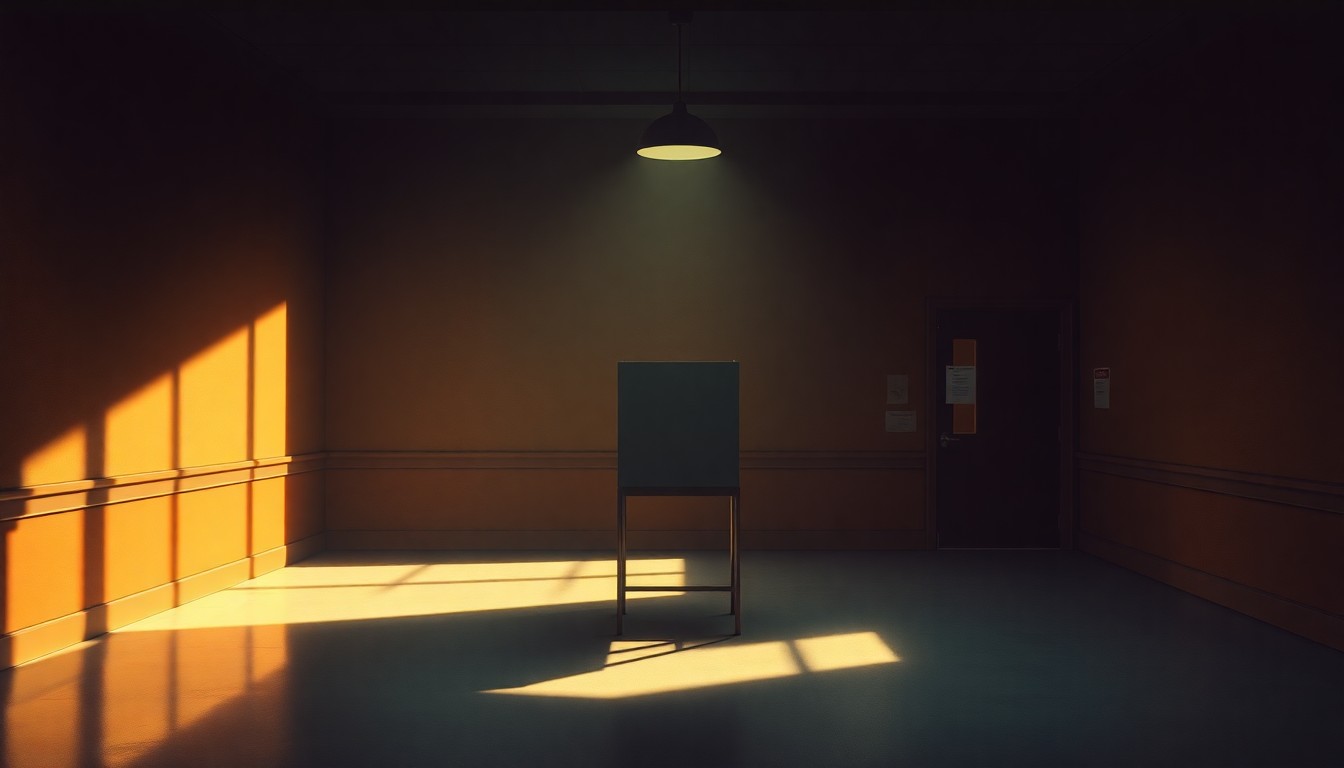 A dimly lit, cinematic painting of a solitary voting booth in a government office, with warm sunlight streaming in through a window and deep shadows cast across the scene, conveying a sense of quiet anticipation and the behind-the-scenes work required to prepare for an election.