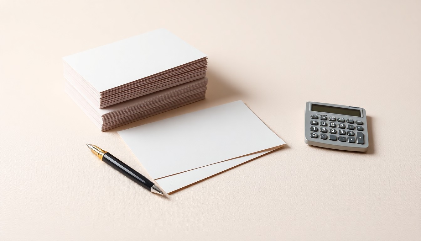 A photorealistic studio still-life featuring a stack of donation envelopes, a pen, and a calculator, conceptually representing the United Way's charitable giving and community investment.