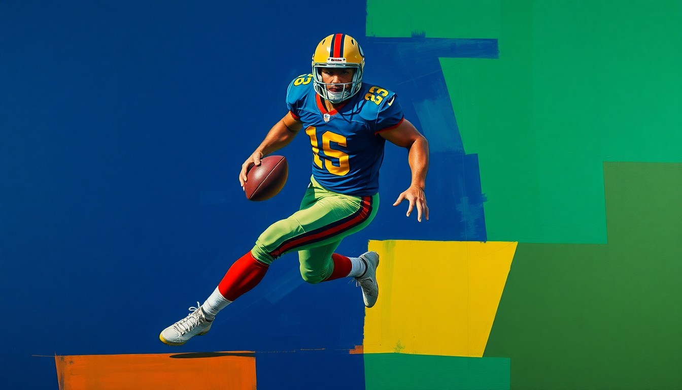 A fragmented, geometric painting depicting a football player in motion, with sharp planes of navy, green, and orange intersecting to capture the raw energy of the sport.