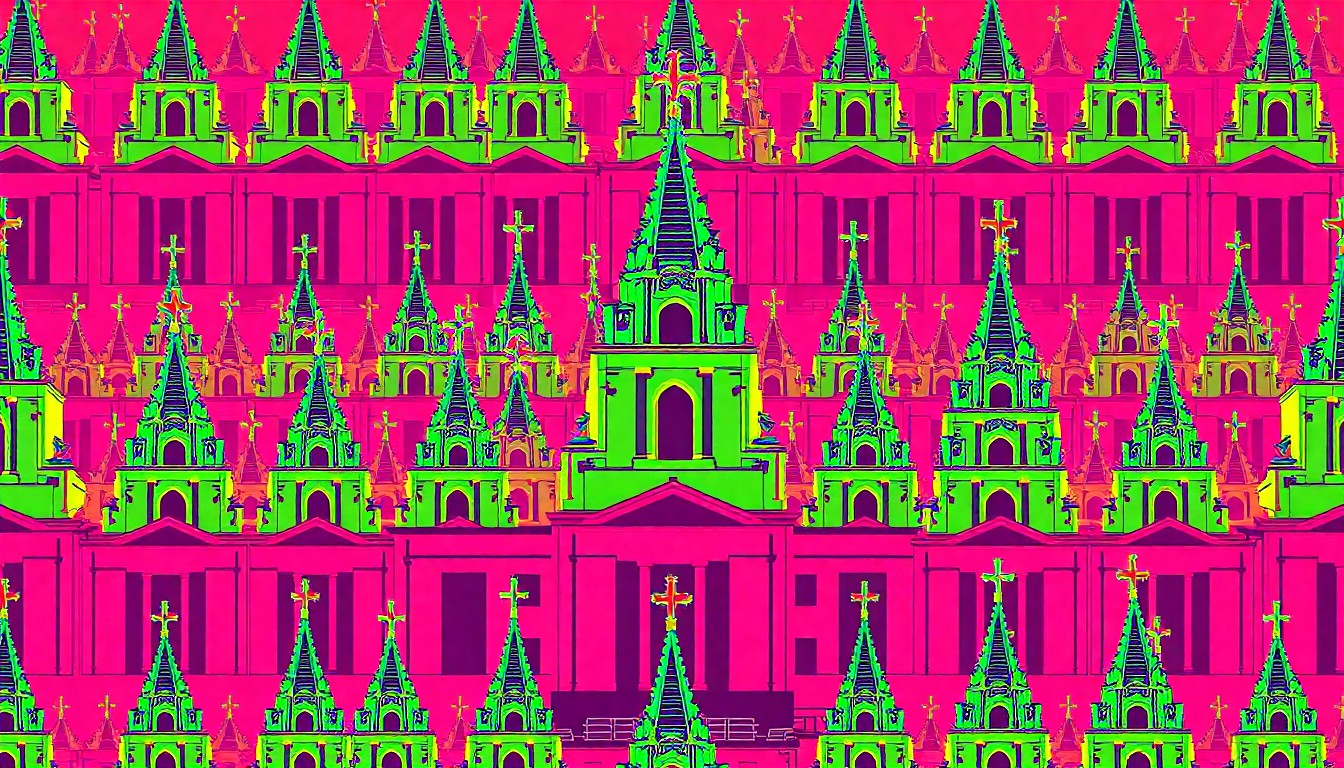 A bold, colorful silkscreen-style illustration featuring a repeating pattern of a Mormon temple spire in neon pink, orange, and blue hues, conceptually representing the temple's significance as a place of worship and community gathering.