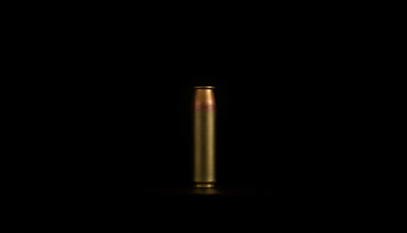 An extreme close-up photograph of a single bullet casing against a pitch-black background, lit by a harsh, direct camera flash, conceptually representing the violence and tension surrounding federal immigration enforcement.