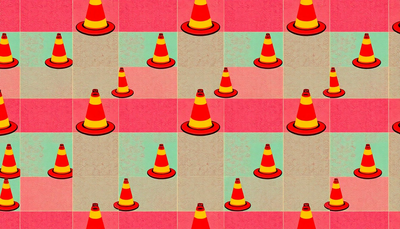 A brightly colored, high-contrast silkscreen print of a traffic cone repeated in a tight grid pattern, conceptually representing the city's road repair efforts.