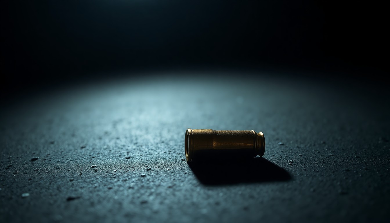 An extreme close-up photograph of a single spent bullet casing on a dark, textured surface, lit by a harsh, direct camera flash, conceptually illustrating the aftermath of a shooting near a school.