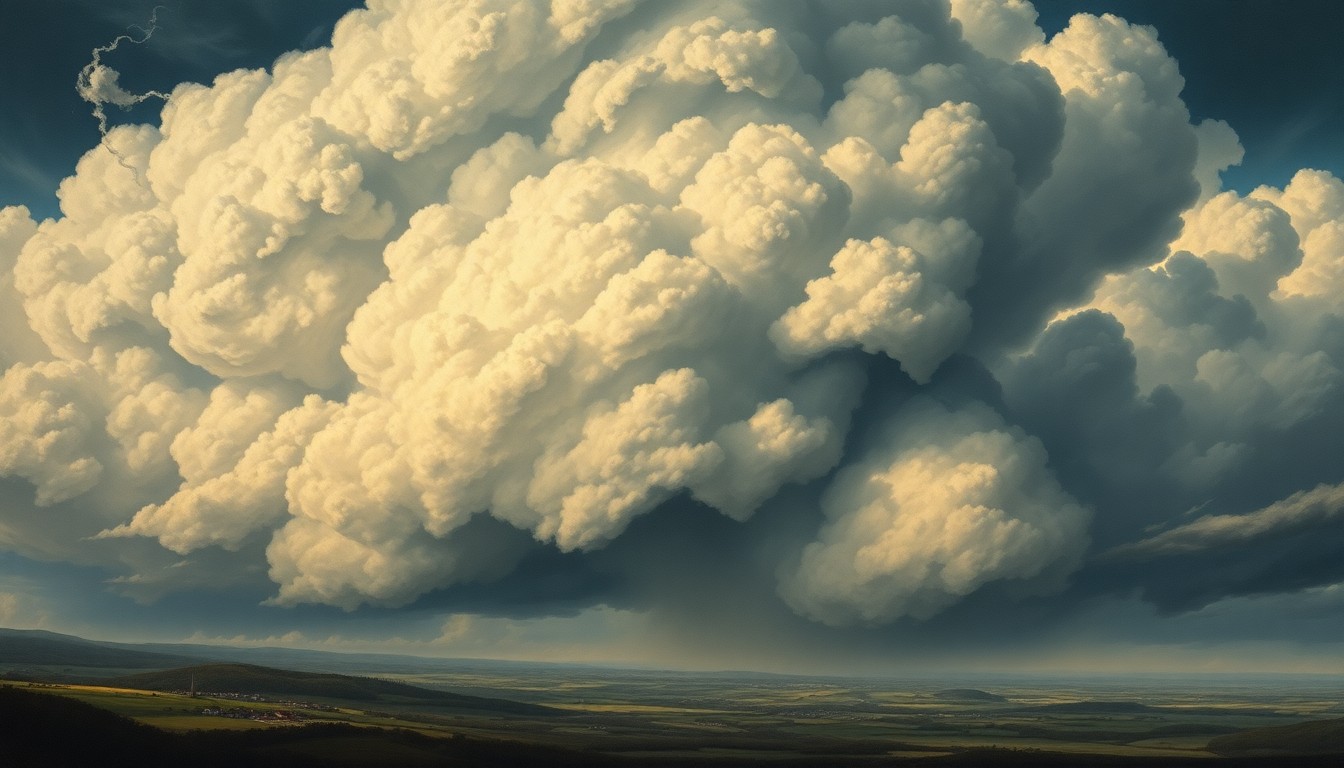 A vast, atmospheric landscape painting depicting a massive, swirling storm cloud system dominating the sky and dwarfing the small town and farmland below, conveying the overwhelming power of nature as an impending weather event approaches.