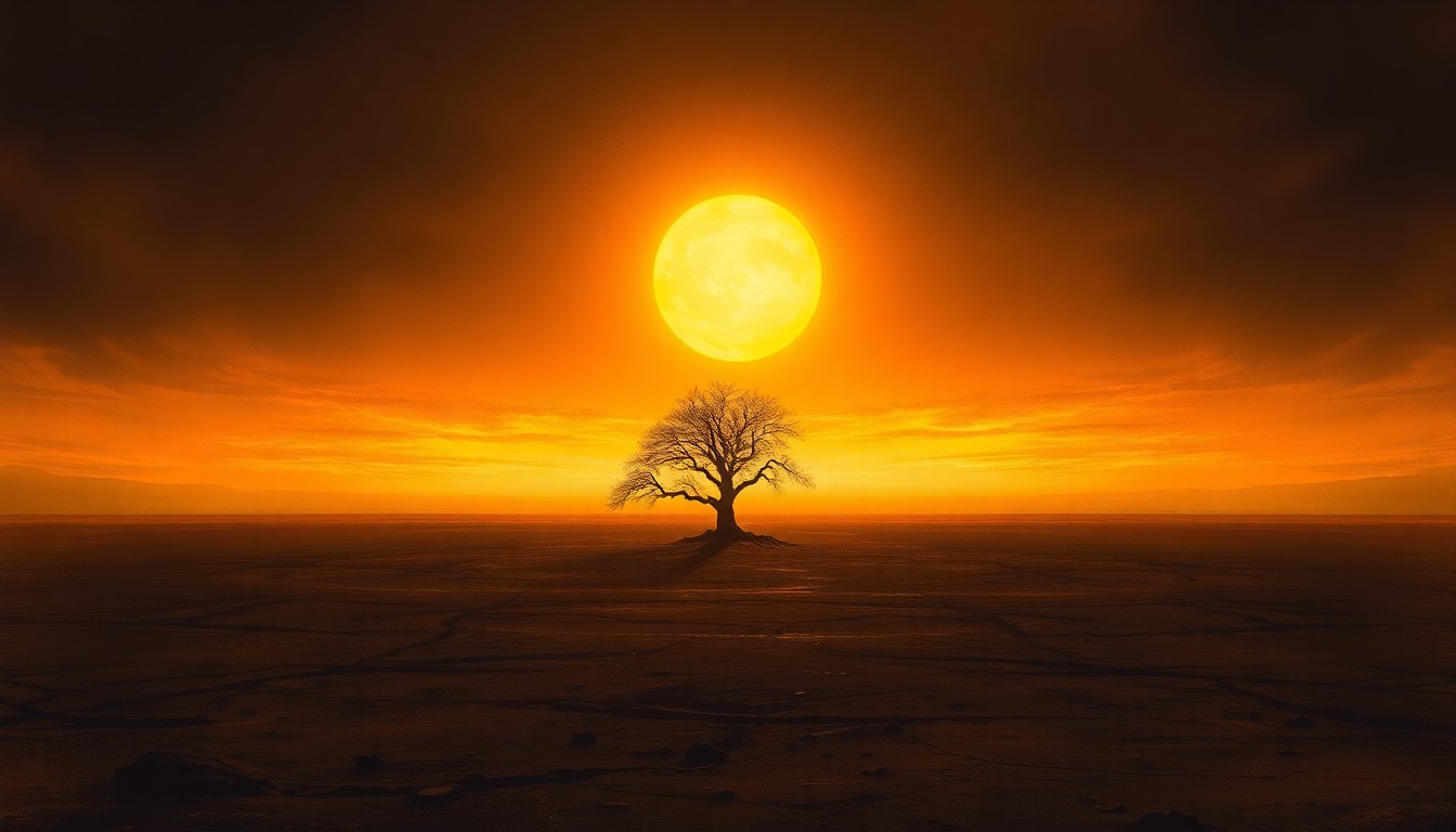 A sweeping, atmospheric landscape painting in muted earth tones, with a solitary, charred tree silhouetted against a vast, scorched horizon under a blazing sun, conveying the sublime scale and raw power of extreme weather conditions.