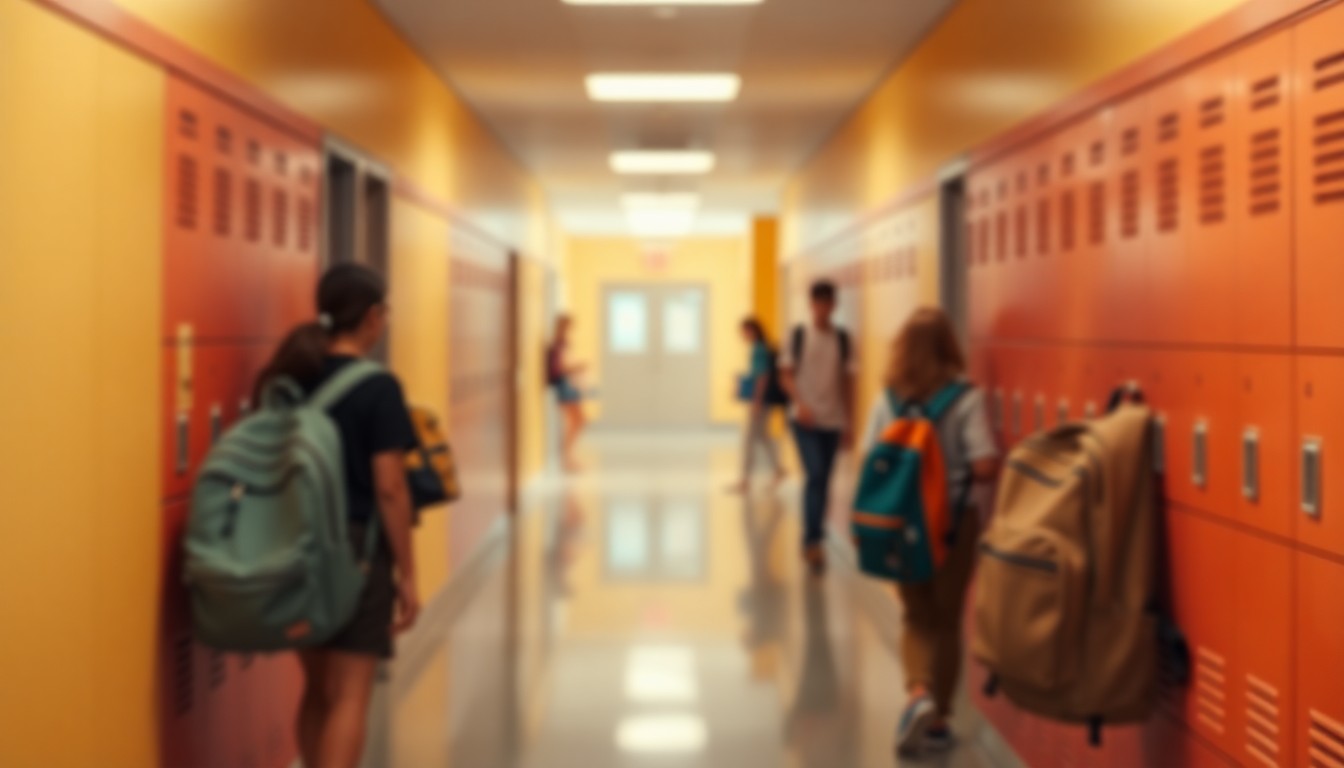 An abstract, impressionistic photograph of a school hallway, with blurred shapes and colors representing students and lockers, conveying a sense of motion and community.