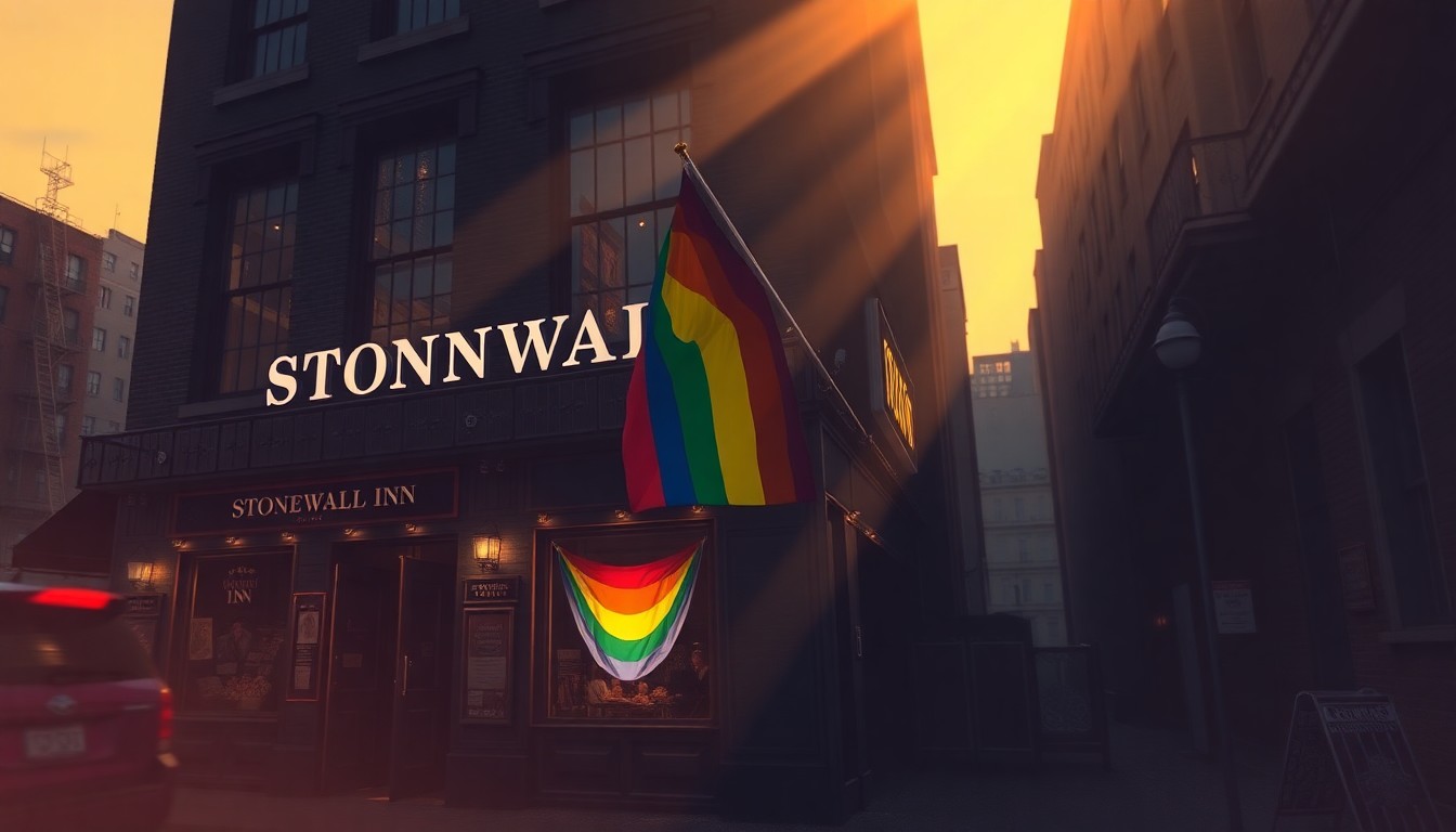 A warm, nostalgic painting depicting the Stonewall Inn in New York City, with the rainbow Pride flag prominently displayed outside the historic building, conceptually representing the significance of the site and the ongoing fight for LGBTQ equality.