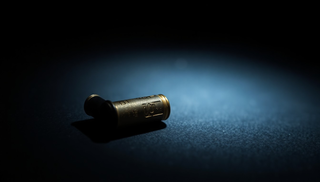 An extreme close-up photograph of a single spent bullet casing on a dark surface, lit by a harsh, direct camera flash, conceptually representing the physical evidence at the heart of a controversial criminal case.