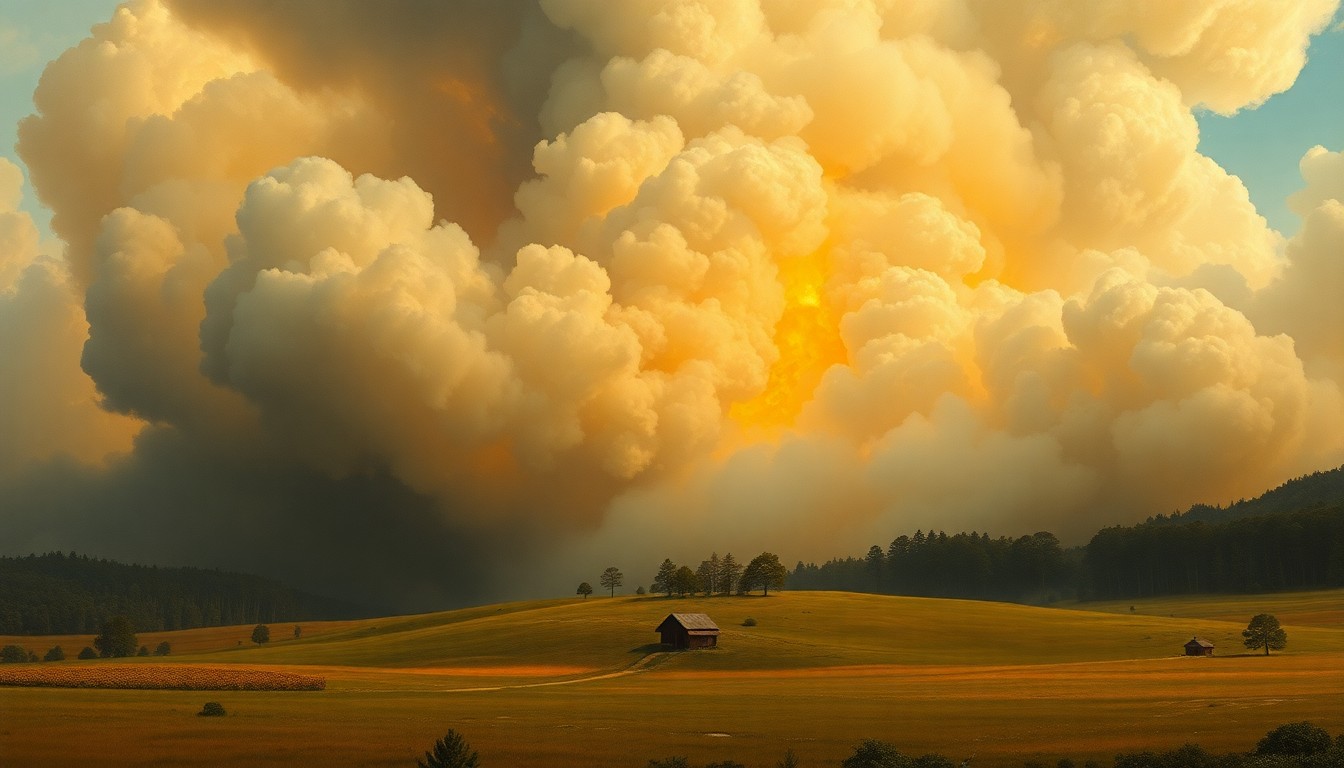 A sweeping landscape painting in muted earth tones, with a distant home engulfed in flames and billowing smoke obscuring the details, conveying the overwhelming power of the natural disaster.