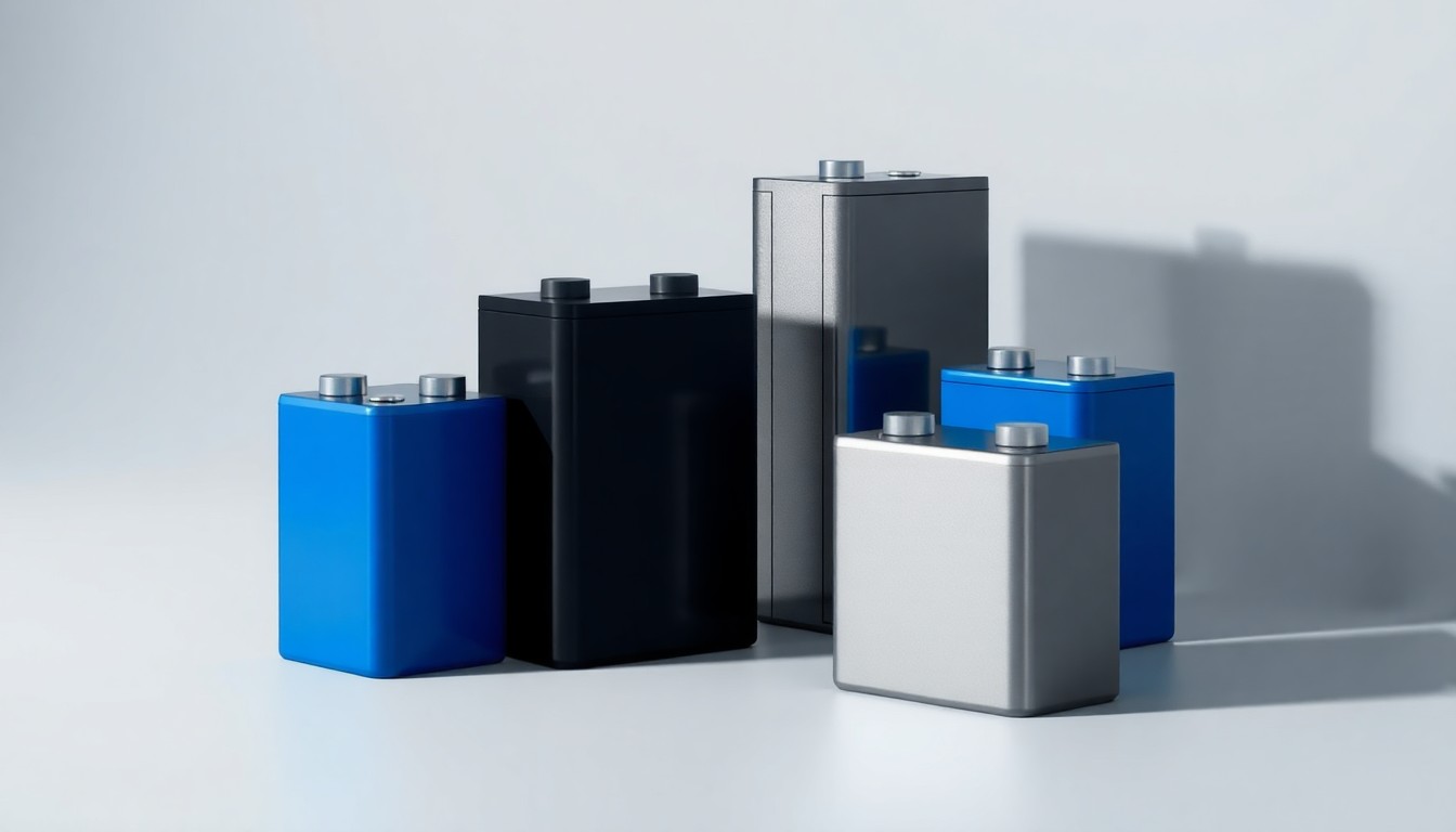 A photorealistic studio still life featuring a group of sleek, geometric battery cells in shades of silver, black, and blue, arranged elegantly on a clean, monochromatic background and dramatically lit to symbolize energy storage and grid modernization.