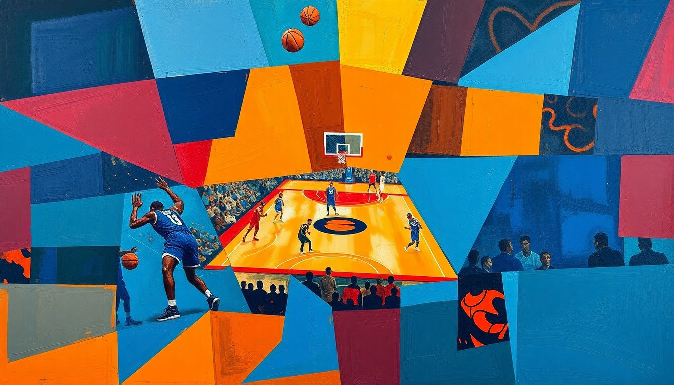 A fractured, geometric painting in bold colors depicting an abstract basketball court scene, conceptually representing the multifaceted legacy of Bill Walton in the La Mesa community.