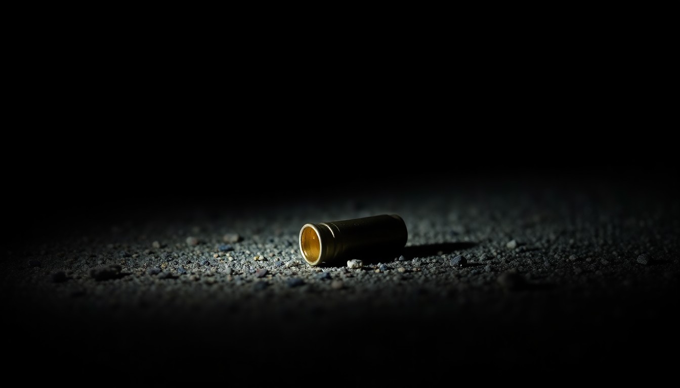 An extreme close-up photograph of a single spent shell casing on the ground, reflecting a harsh, direct camera flash and creating a stark, gritty, investigative aesthetic that conceptually illustrates the aftermath of a shooting at a community event.