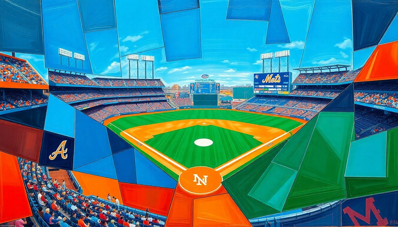 A cubist, geometric painting depicting a baseball game between the Los Angeles Dodgers and New York Mets, with overlapping planes of color representing the dynamic action on the field.