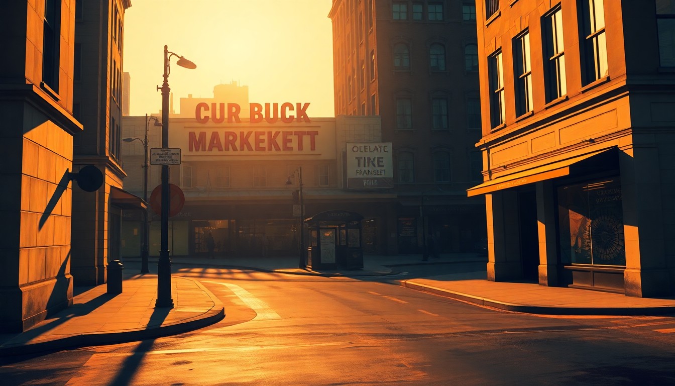 A serene, photorealistic painting of an empty city street corner with a historic brick building in the background, the scene bathed in warm, golden sunlight and deep shadows, conceptually representing the quiet tensions underlying a political debate.