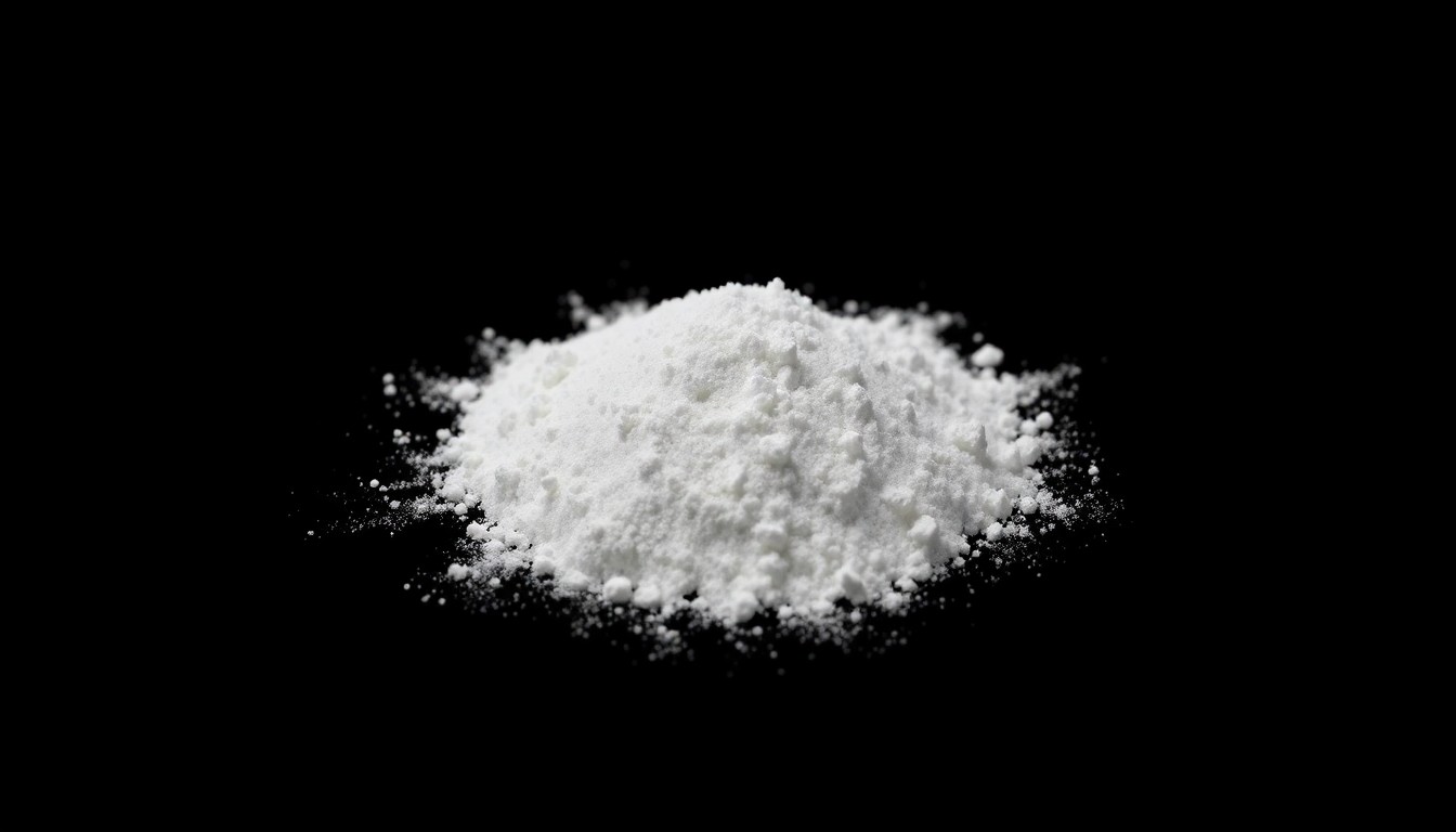 An extreme close-up photograph of a small pile of white powder against a pitch-black background, lit by a harsh, direct camera flash, conceptually representing the seized fentanyl from a major drug bust in Boston.