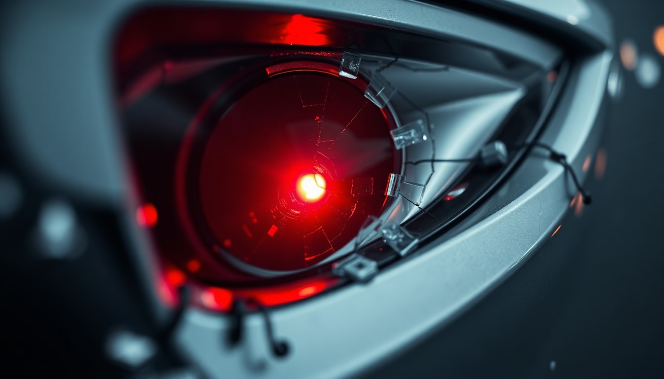 An extreme close-up photograph of a shattered car sensor lens reflecting a faint red light, conceptually illustrating the vandalism of self-driving cars.