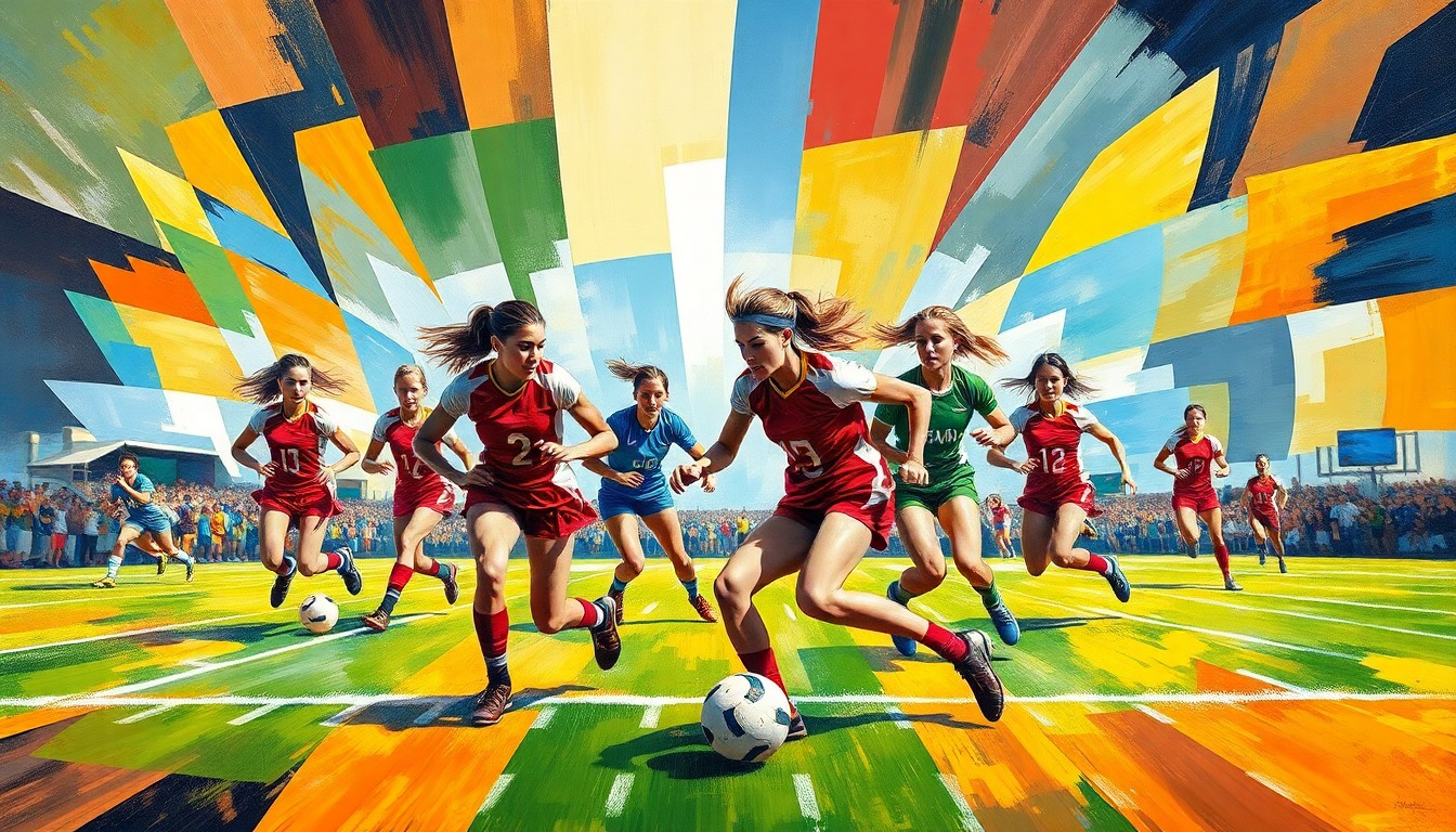 A fractured, multi-angled painting depicting the dynamic action of a women's flag football game, with sharp geometric shapes and planes in vibrant colors representing the players, ball, and field.