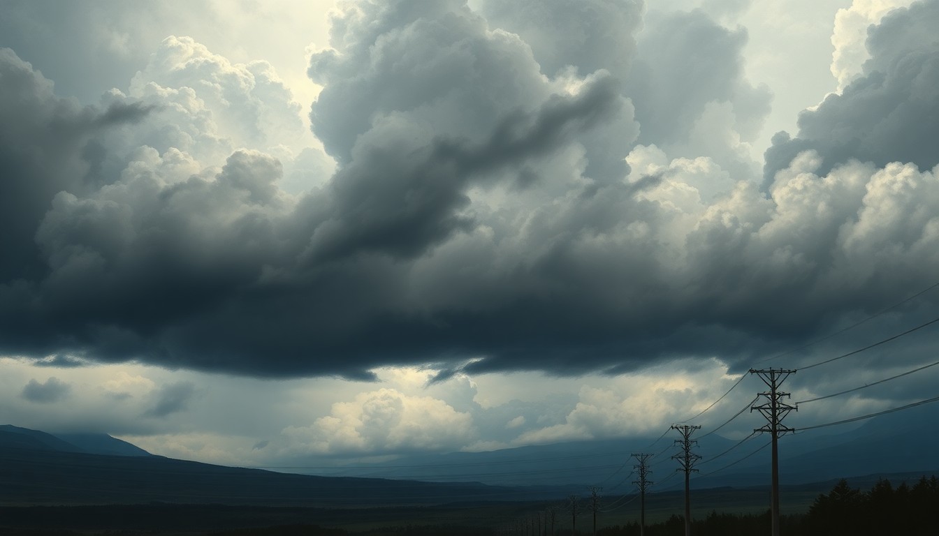 A sweeping, atmospheric landscape painting in muted tones of grey and blue, with the silhouettes of power lines and utility poles barely visible against the dramatic, turbulent sky.