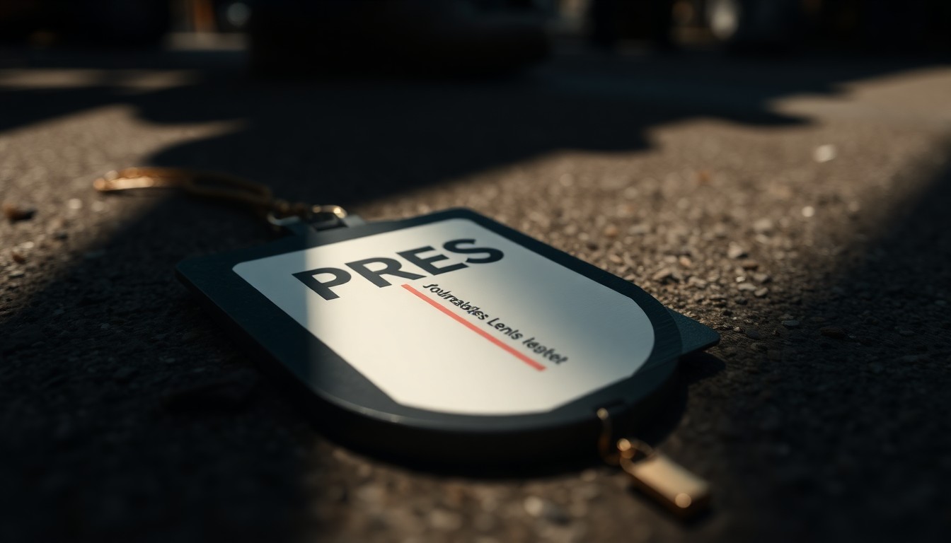 An extreme close-up of a press pass or camera lens cap lying on the ground, partially obscured by shadow, conceptually representing the aftermath of a confrontation between a journalist and protesters.