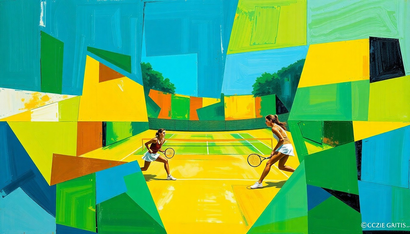 A cubist, geometric painting depicting a women's tennis match, with overlapping planes of color and form representing the dynamic action on the court.
