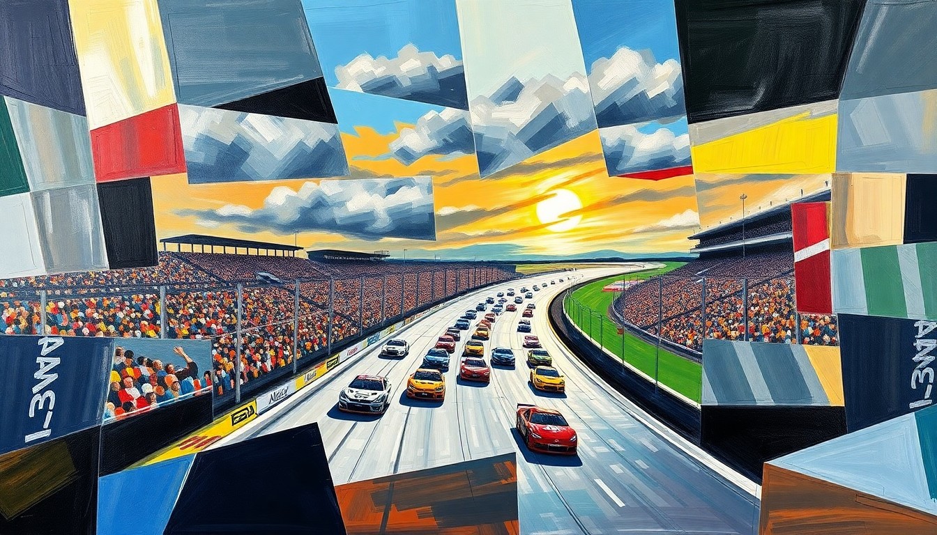 A fractured, cubist-style painting depicting a NASCAR race at Talladega Superspeedway, with the cars and track broken down into sharp, overlapping geometric shapes and planes, conveying the high-intensity, unpredictable nature of the event.