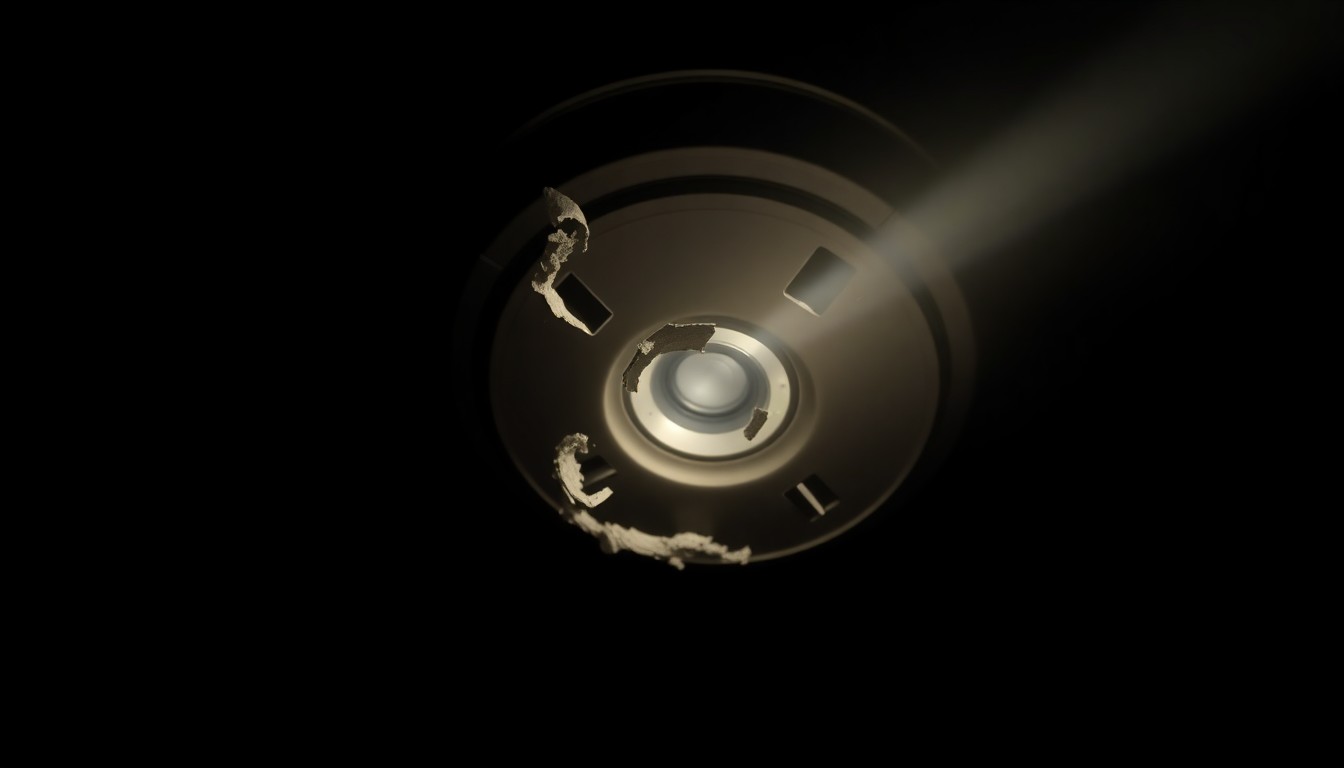 An extreme close-up photograph of a damaged smoke detector, lit by a harsh, direct camera flash against a pitch-black background, conceptually illustrating the hazardous conditions found in some rental properties.