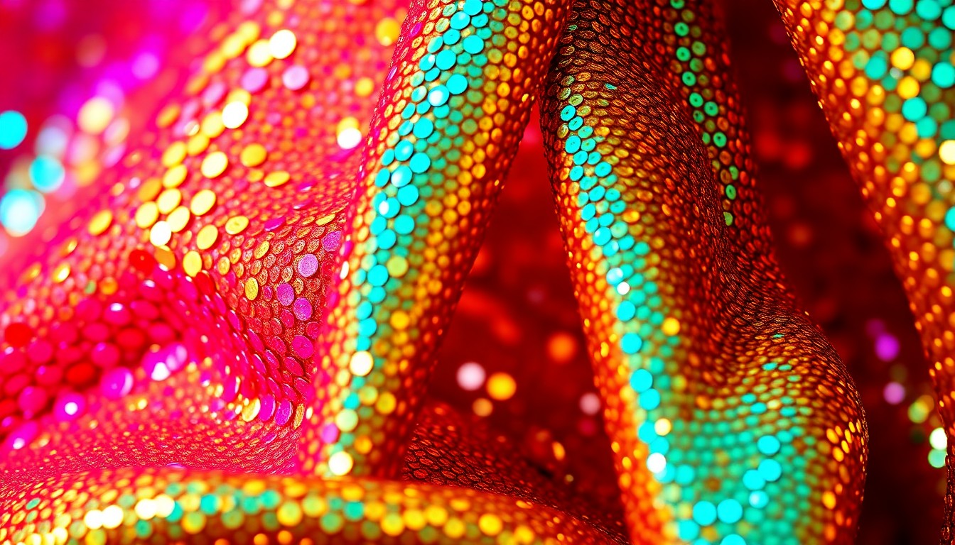 An extreme close-up photograph of shimmering, glittering sequins and luxurious fabric textures in vibrant, saturated colors, capturing the glamorous aesthetic of Coachella's festival fashion and decor.