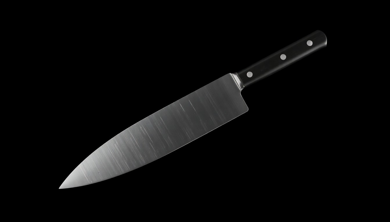 An extreme close-up photograph of a large kitchen knife against a pitch-black background, lit by a harsh, direct camera flash, conceptually representing the weapon used in the police shooting incident.