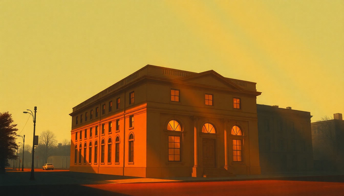 A detailed oil painting depicting a city hall building in warm, golden light, with deep shadows across the facade, conveying a sense of civic pride and community connection.