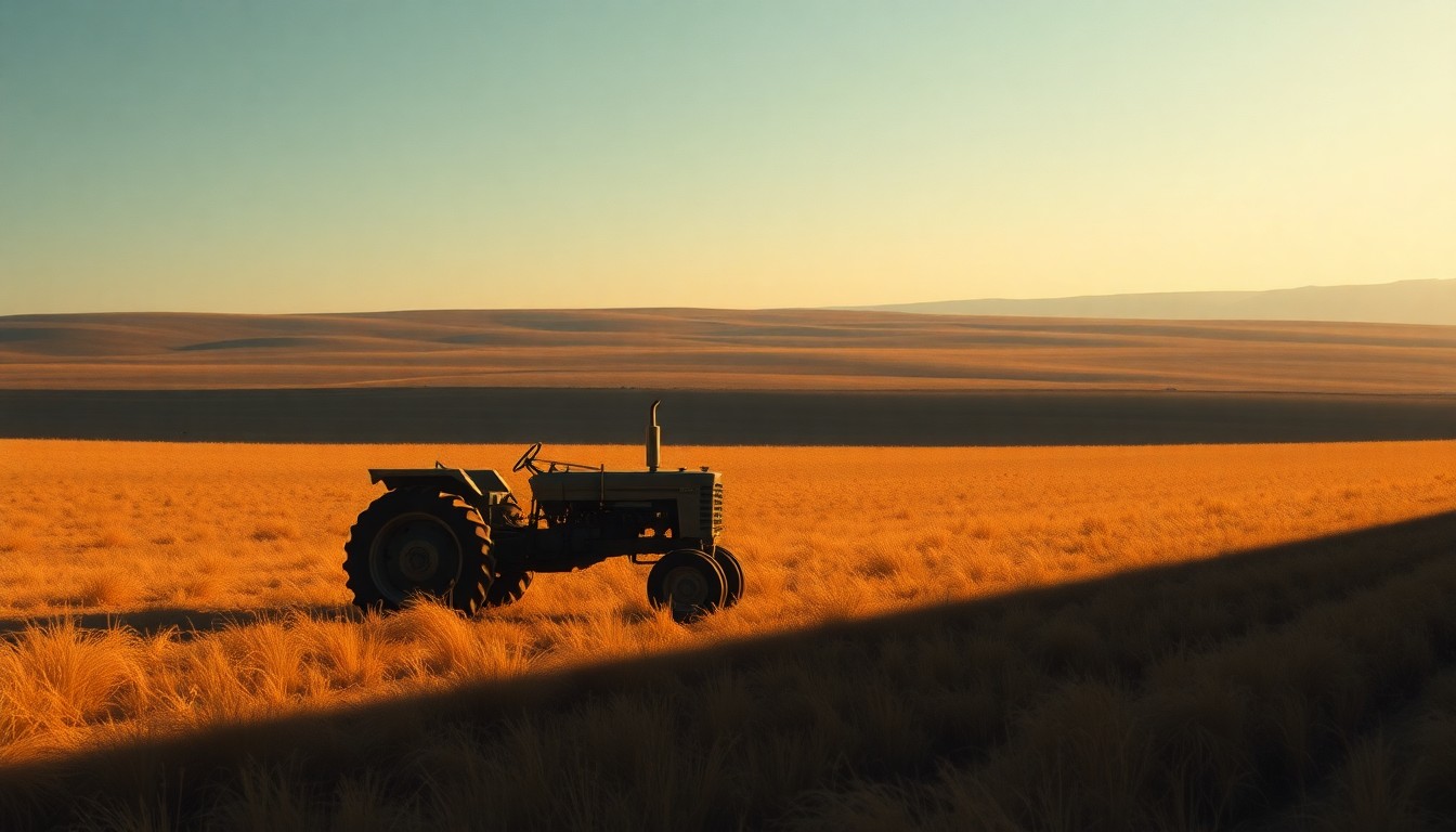A serene, painterly scene of a lone tractor sitting idle in a fallow field, with warm sunlight and deep shadows creating a melancholy mood that reflects the challenges facing rural America amid the ongoing conflict.