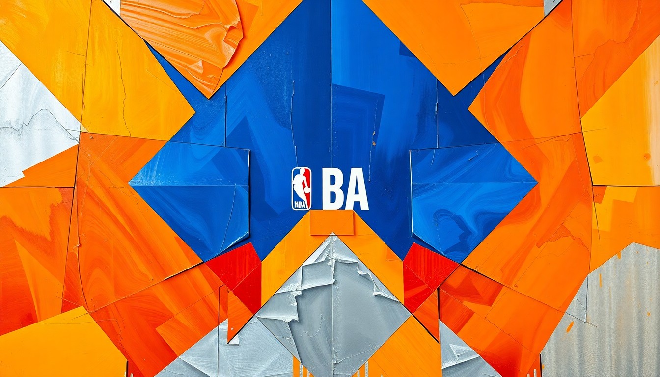 A cubist-style painting featuring fragmented, geometric shapes in bright orange, deep blue, and metallic silver, conceptually representing the disruption to the traditional NBA playoff viewing experience caused by the league's decision to remove local broadcast coverage.