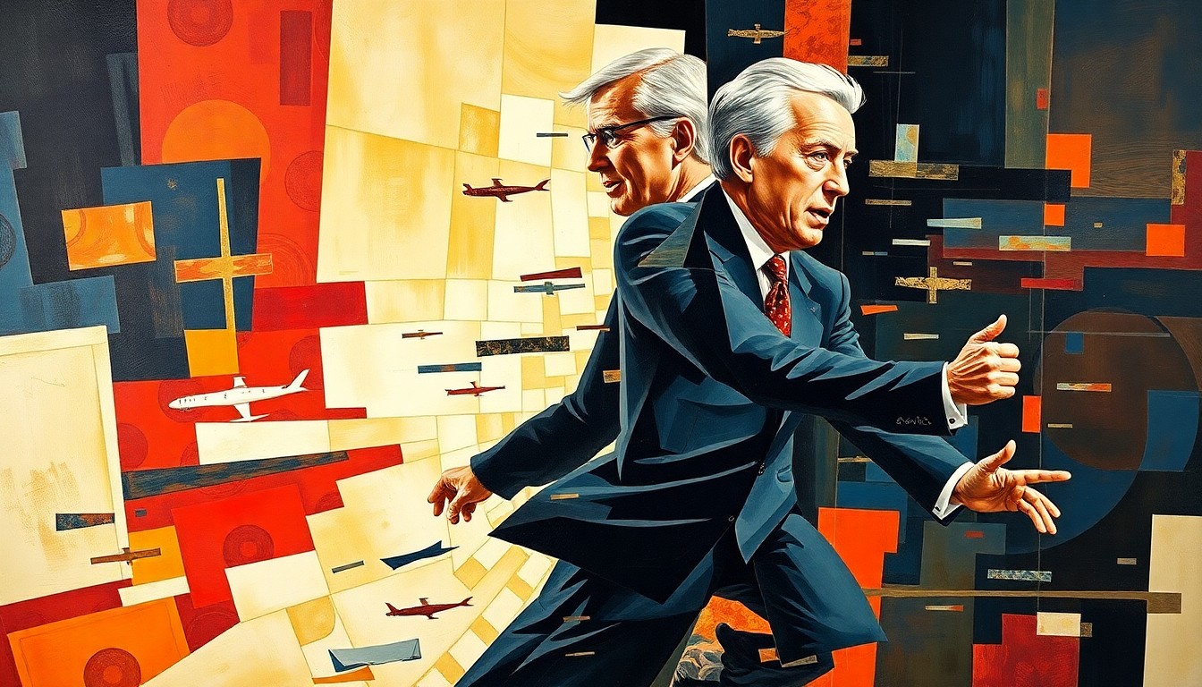 A fractured, overlapping painting of a political figure in motion, with geometric shapes and waves of color, conveying a sense of speed and energy in the style of the Italian Futurist artist Giacomo Balla.