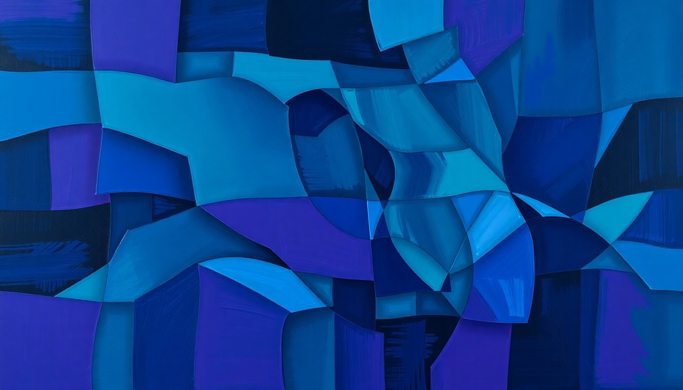 A dynamic, abstract painting in shades of blue and violet, with overlapping geometric shapes and lines conveying a sense of motion and change related to Florida politics.