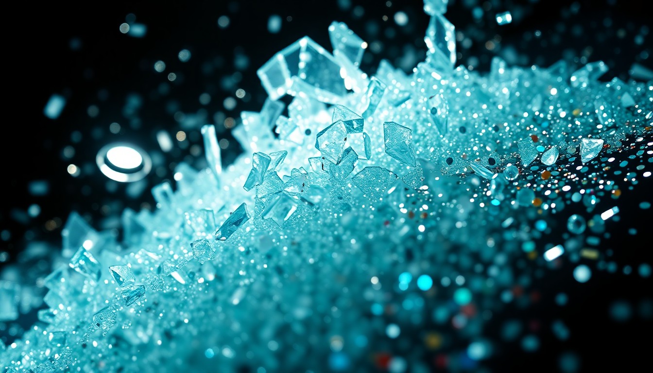 An abstract close-up photograph of shattered glass and glittering sequins, captured in dramatic, high-contrast studio lighting to create a sense of luxury and performative glamour.
