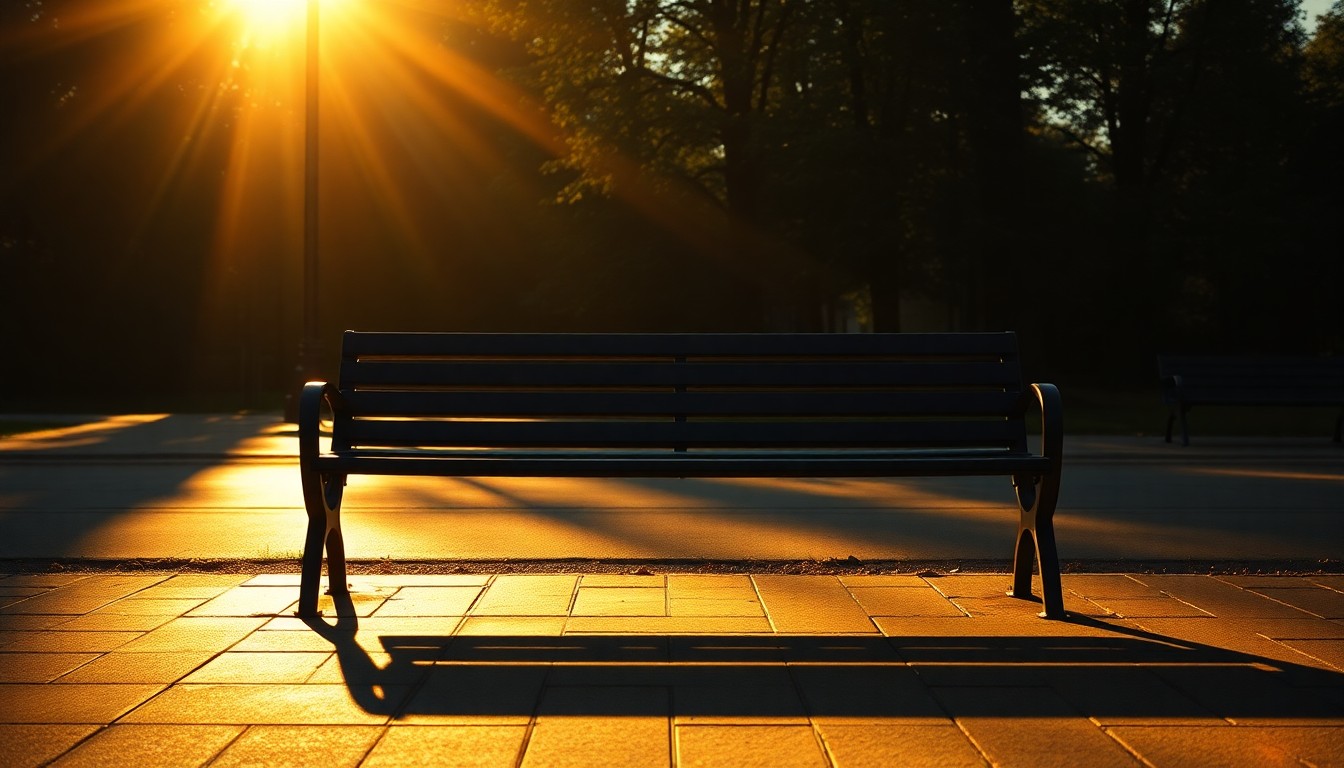 A serene, cinematic painting of an empty park bench in warm, golden sunlight and deep shadows, conveying a sense of civic contemplation and unresolved tension.