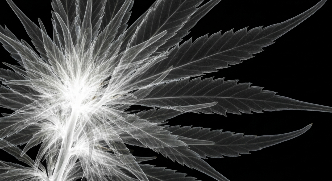 An ethereal, X-ray-like image of a medical cannabis plant, its delicate internal structures glowing against a dark backdrop, conveying the complex regulatory landscape surrounding the state's emerging medical cannabis program.