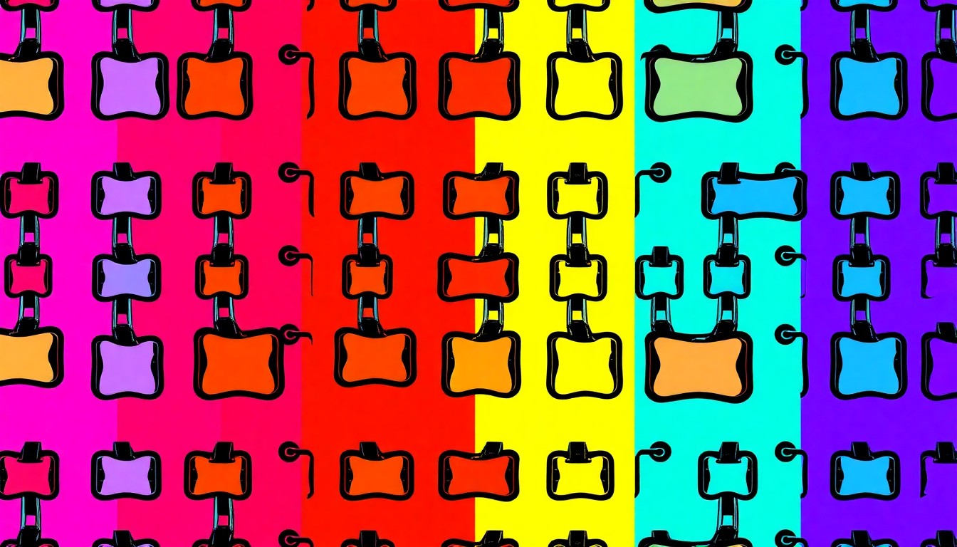 A brightly colored, high-contrast silkscreen print of a dog collar tag repeated in a tight grid pattern, conceptually representing the accessibility and importance of pet microchipping.