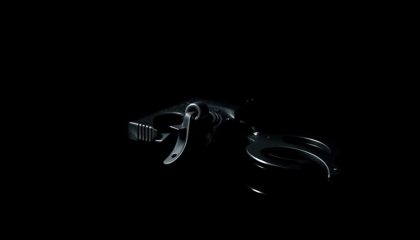 An extreme close-up photograph of a crumpled police radio or handcuffs against a pitch-black background, lit by a harsh, direct camera flash, conceptually illustrating the tense law enforcement response to repeated 911 calls.