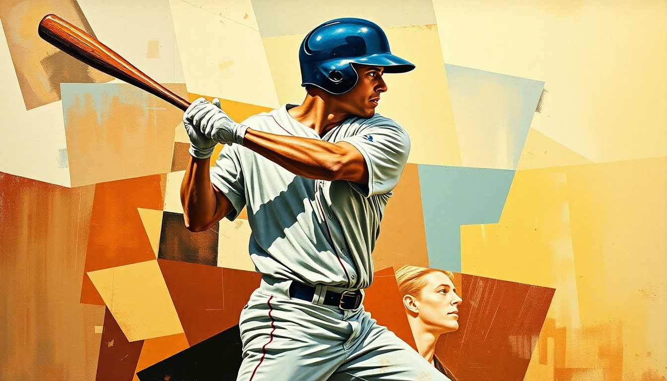 A fractured, geometric painting depicting a baseball player's batting motion broken down into sharp, overlapping planes of color and form, conveying the disjointed nature of a hitting slump.