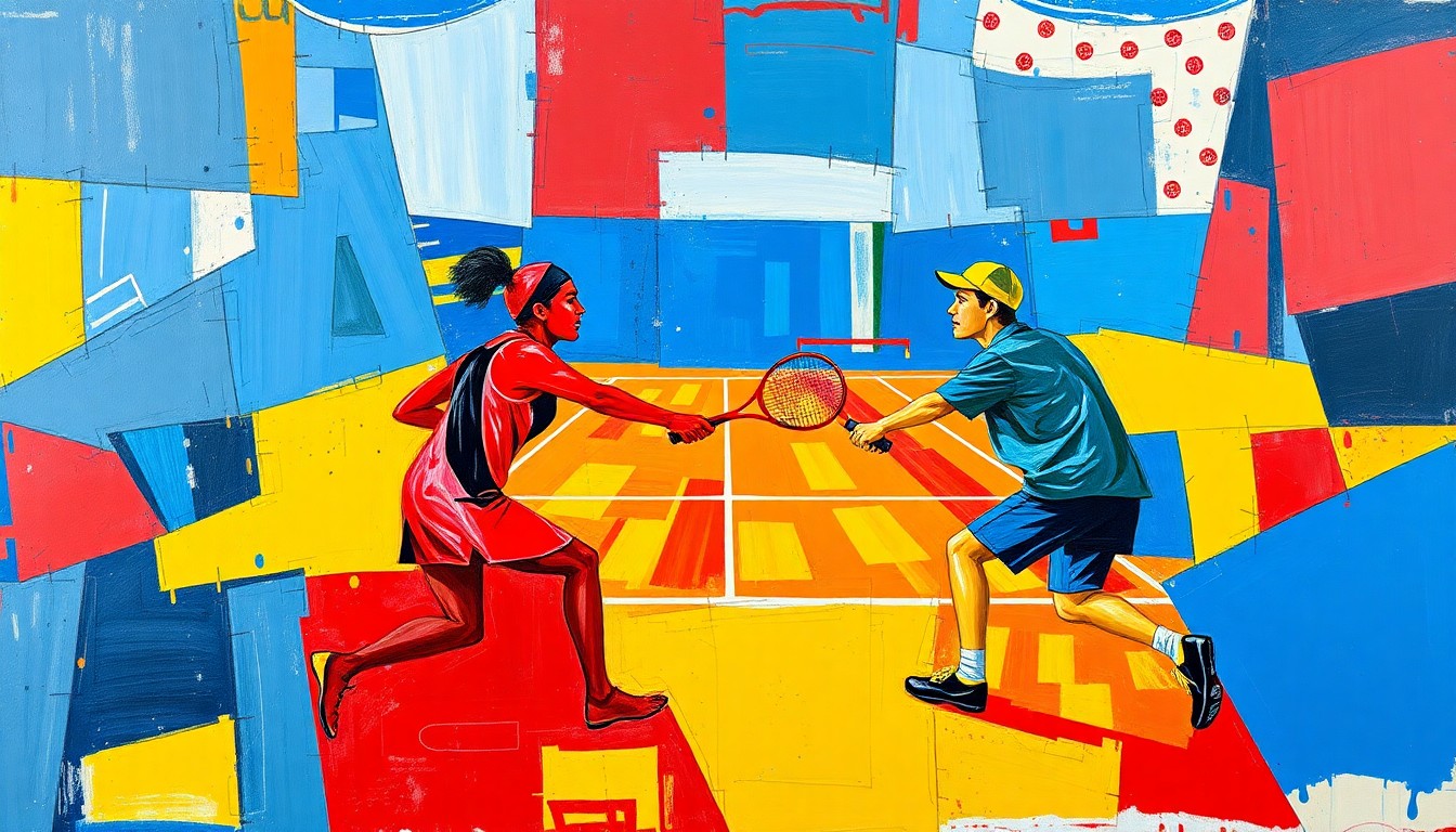 A fractured, geometric painting in bright colors depicting the dynamic movements and perspectives of a tennis match, conceptually representing the high-stakes first-round encounter between the two players.