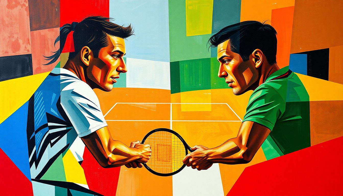 A fragmented, geometric painting depicting two tennis players in motion, their forms broken down into sharp, overlapping planes of color.